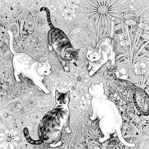 Intricate Ink Cats in Flower Garden