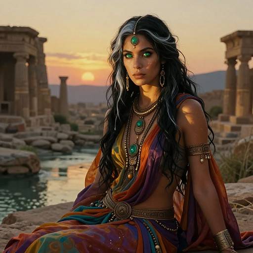 Digital art of a beautiful Indian woman with long black hair, green gemstone jewelry, and a colorful sari, sitting by a sunset-lit ancient