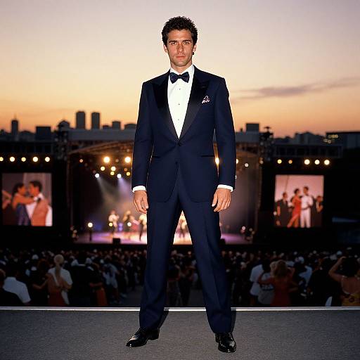 Photograph of a handsome man in a black tuxedo with white shirt and black bow tie, standing confidently on a rooftop stage at sunset, with
