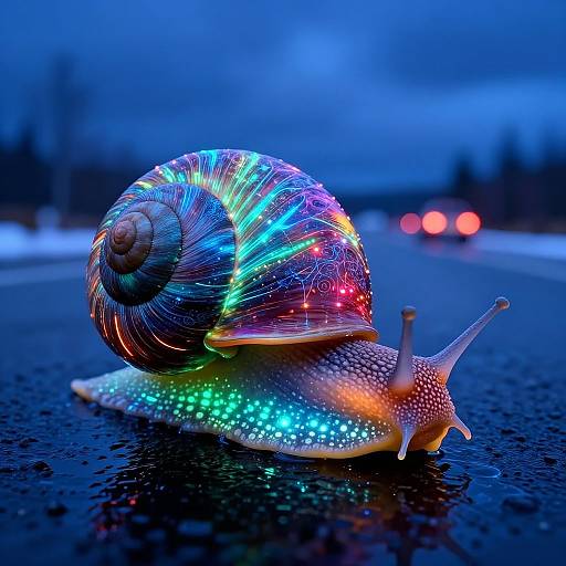 Photograph of a glowing, rainbow-colored snail on a wet, dark road at night, with blurred, colorful lights in the background.