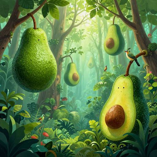 Digital illustration of a lush, sunlit jungle with large, detailed green pears hanging from trees, surrounded by vibrant foliage and colorful birds.