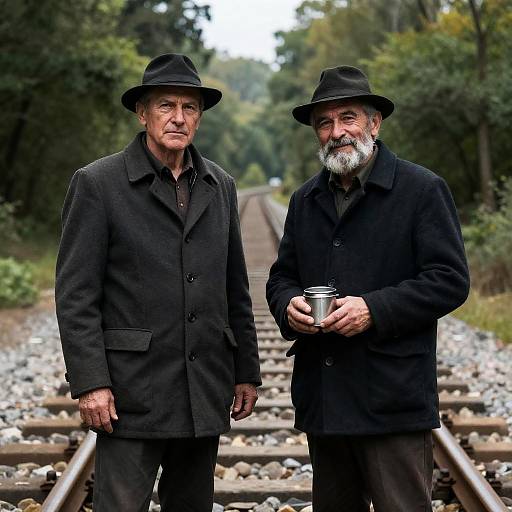Two Older Men on Forested Railway Track