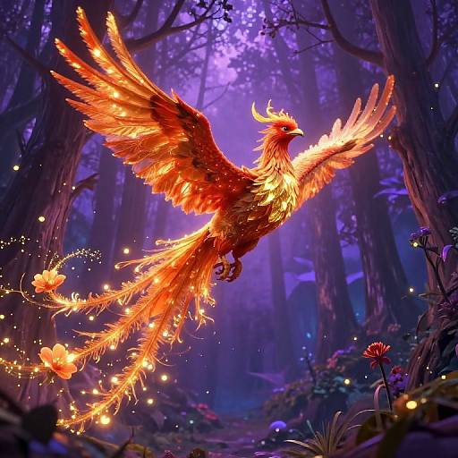 Digital painting of a radiant, fiery phoenix soaring in a mystical, purple-hued forest with glowing flowers and ethereal lights.