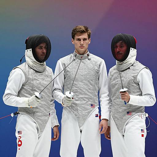 Three Male Fencers in Action
