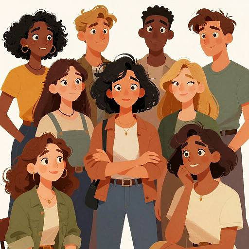 Digital illustration of diverse group of seven smiling young adults, varied skin tones, casual clothes, standing and sitting, white background.