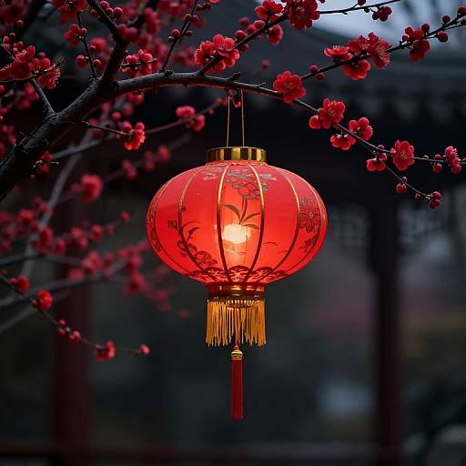 Photograph of a vibrant red Chinese lantern with gold tassels and floral design, hanging among red cherry blossoms, dimly lit in twilight.