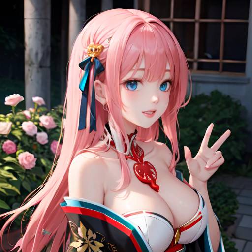 Anime-style digital illustration of a pink-haired girl with large blue eyes, wearing a yellow top, black sash, and red skirt, waving joyfully