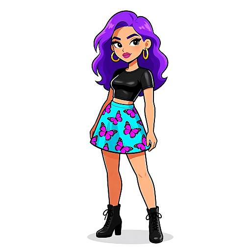 Stylish Woman with Purple Hair and Butterfly Skirt