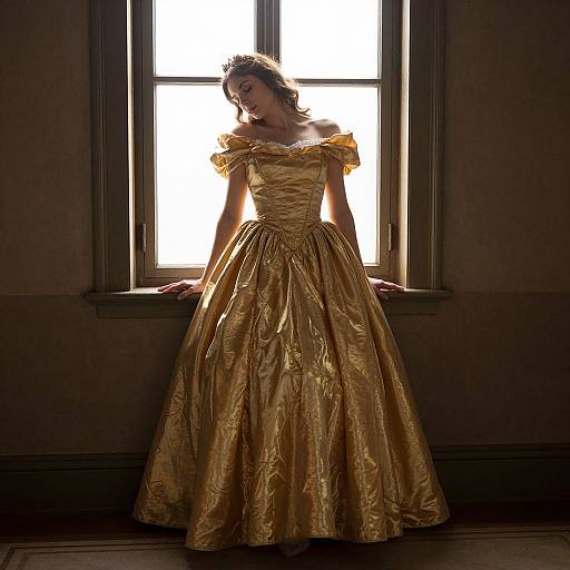 Photograph of a woman in a golden, off-the-shoulder, satin ball gown standing in front of a bright window, with dark, shadow