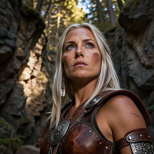 Photorealistic digital artwork of a strong, blonde woman with blue eyes, wearing leather armor with intricate designs, standing in a sunlit, rocky forest