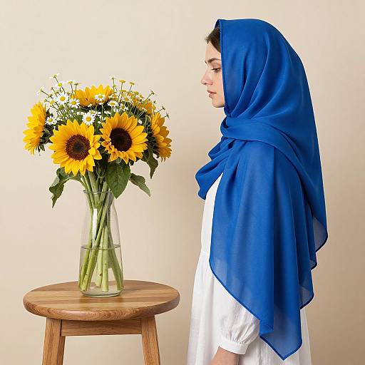 Photograph of a woman in a white dress and blue hijab, standing beside a wooden stool with a vase of sunflowers.