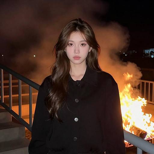 Young Woman on Staircase Amid Flames