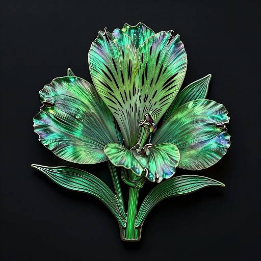 Digital CGI of a vibrant, neon-green, iridescent flower with intricate, glowing patterns on dark background, featuring detailed petals and stamen.