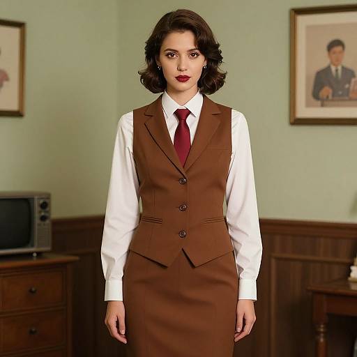 Retro Woman in Brown Vest and Tie