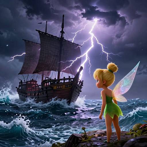 Digital artwork: A blonde fairy with green dress and translucent wings stands on a rocky shore, watching a stormy, lightning-struck ship sail through turbulent