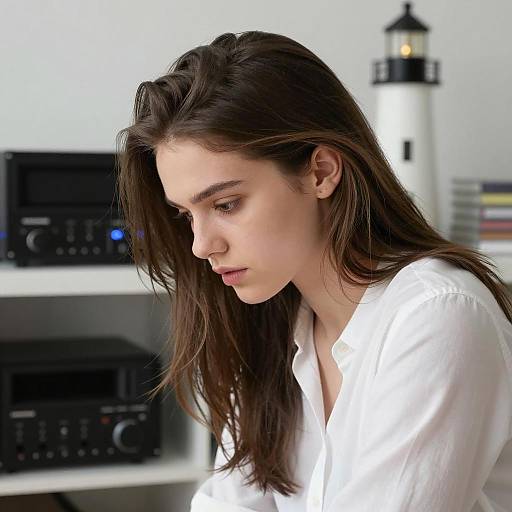 Young Woman in White Shirt with Intense Expression
