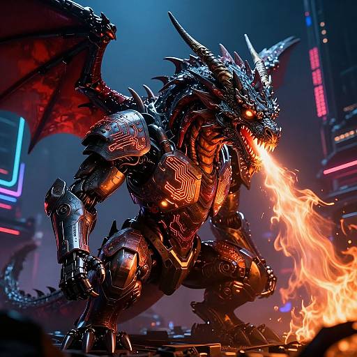 Fierce Cybernetic Dragon Over Neon City
