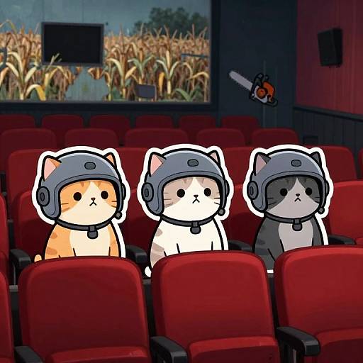 Cartoon cats in gray helmets sitting in red theater seats, watching a cornfield movie; one orange, one white, one gray. Digital art.