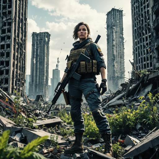 Post-Apocalyptic Female Soldier in Ruined City