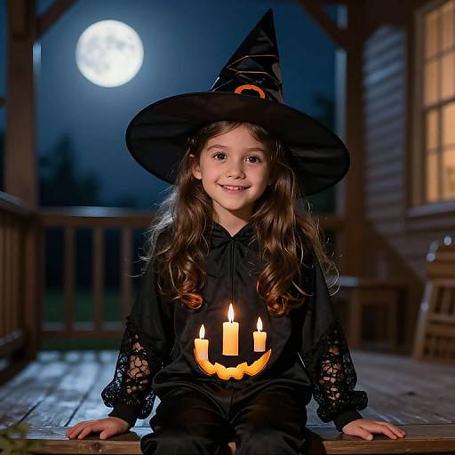Photograph of a smiling young girl with long brown hair, wearing a black witch hat and lace dress, sitting on a wooden porch at night, with