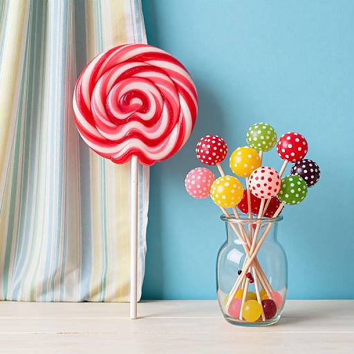 Photograph of a glass vase with colorful polka-dot lollipops and a large red-and-white swirled lollipop, against a blue