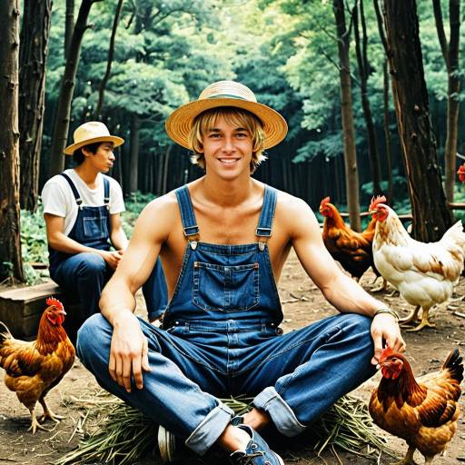 Young Man in Overalls Sitting with Chickens in Forest