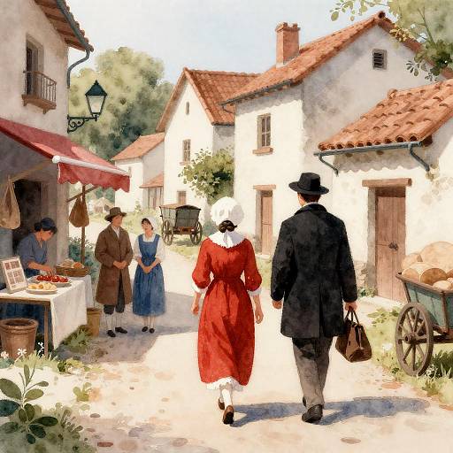 Watercolor Village Street with Traditional Dressed Villagers