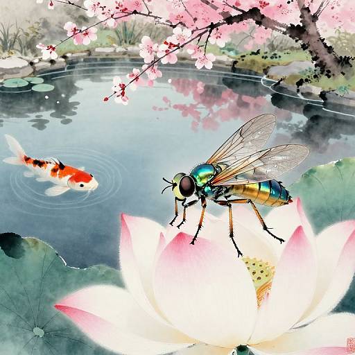 Digital artwork of a vibrant blue-green insect with translucent wings perched on a pink lotus, beside a pond with a red-orange koi fish,