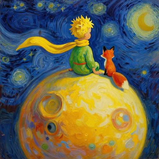 Whimsical painting of a blond boy in green, yellow scarf, sitting on moon, with red fox, under swirling blue starry night sky.