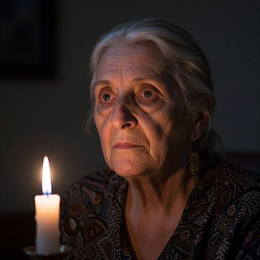 Photograph of an elderly woman with wrinkled skin, white hair, and deep-set eyes, illuminated by a single, glowing candle. She wears a