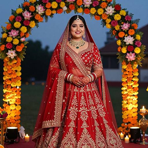 Photograph of a smiling Indian bride in a red traditional lehenga with gold embroidery, standing under a colorful floral arch at dusk, surrounded by lit candles