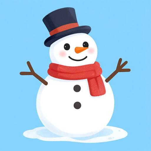 Digital illustration of a cheerful snowman with a black top hat, red scarf, black buttons, and stick arms on a blue background.