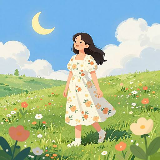 Digital illustration of a young woman with long black hair, wearing a white floral dress, standing in a vibrant green meadow with colorful flowers, under a