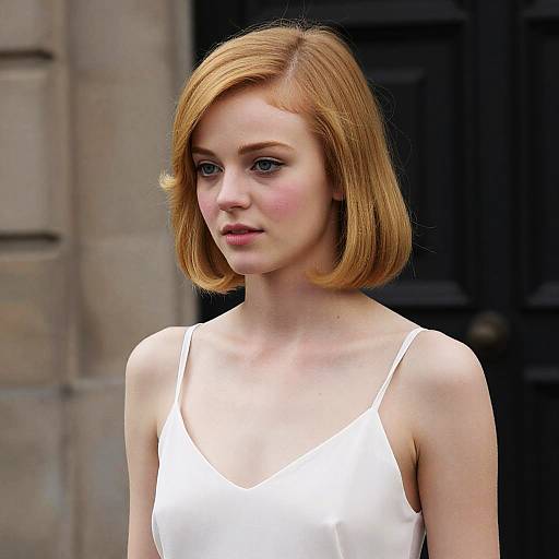 Photograph of a young woman with fair skin and shoulder-length, straight, auburn hair, wearing a simple white spaghetti-strap dress, standing