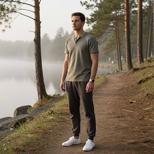 Serene Lakeside Trail in Earthy Apparel