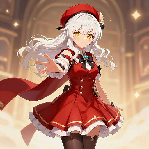 Anime-style digital illustration of a white-haired girl with golden eyes, wearing a red dress, hat, and black stockings, extending her hand forward in a