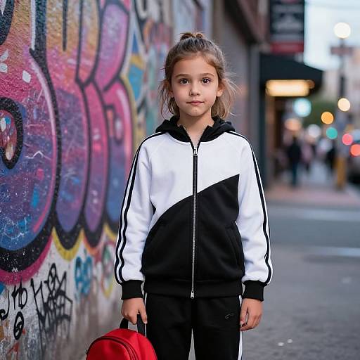 Photograph of a young girl with light brown hair in a white and black track jacket, holding a red backpack, standing on a graffiti-covered urban street