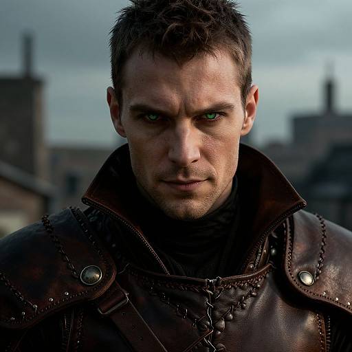 Photograph of a serious, rugged Caucasian man with short, dark hair, intense green eyes, and a brown leather jacket with metal buttons, set against