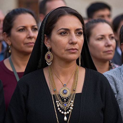 Photograph of a middle-aged South Asian woman with dark hair, wearing a black dress, gold and blue jewelry, and a black veil, standing among