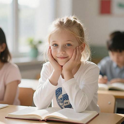 Young Girl Studying at School Desk