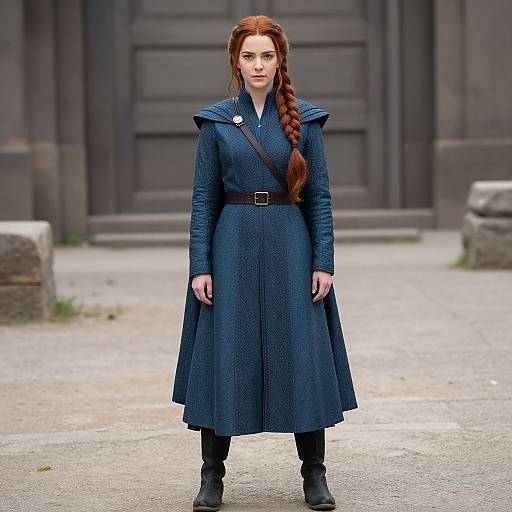 Photograph of a red-haired woman in a long, navy blue, textured coat with a belted waist, standing in front of a dark, stone