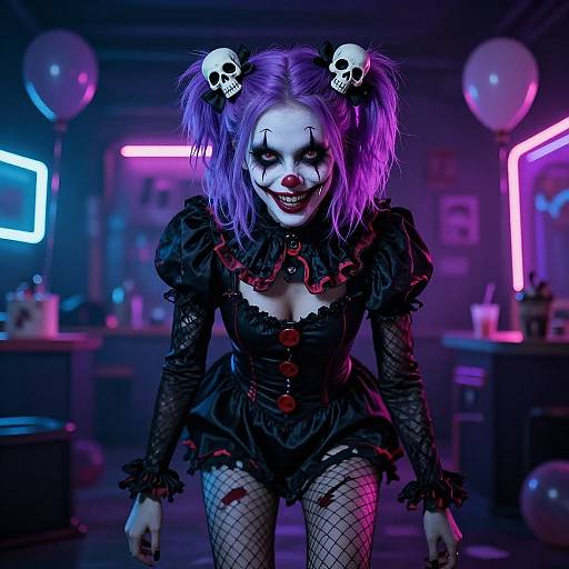 Photorealistic digital artwork of a creepy clown woman with purple hair, skull hairpins, black lace dress, red buttons, fishnet stockings, neon