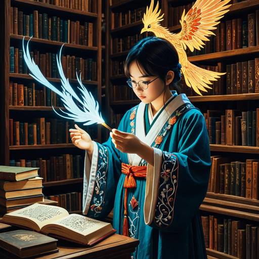 Young Mage with Magical Phoenix in Enchanted Library