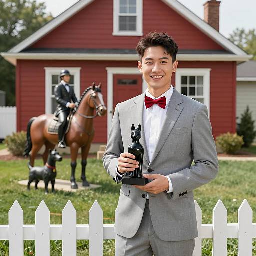 Man in Gray Suit Holding Black Sculpture in Front Yard