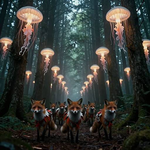 Ceremonial Foxes in Ethereal Forest