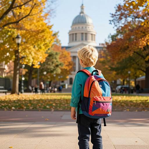 Photograph of a blond toddler with a red and blue backpack, facing a dome-shaped building in an autumn park with yellow leaves.