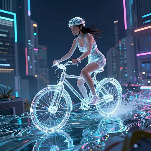 CGI image of a glowing, neon-lit female cyclist in a white helmet and outfit, riding a luminous bicycle through a futuristic, neon-l