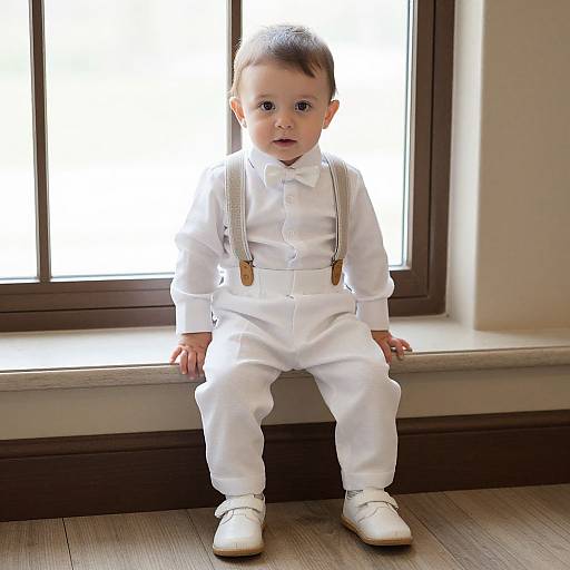 Photograph of a cute, wide-eyed toddler in white outfit with suspenders and white shoes, sitting on a window sill.