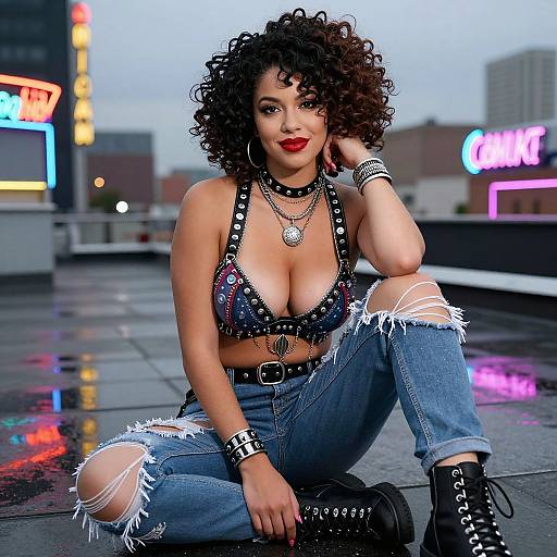 Photograph of a curly-haired woman with dark skin, red lipstick, wearing a studded leather bra, ripped jeans, and black boots, sitting on