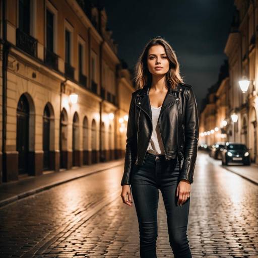 Young Woman Standing on European Street at Night